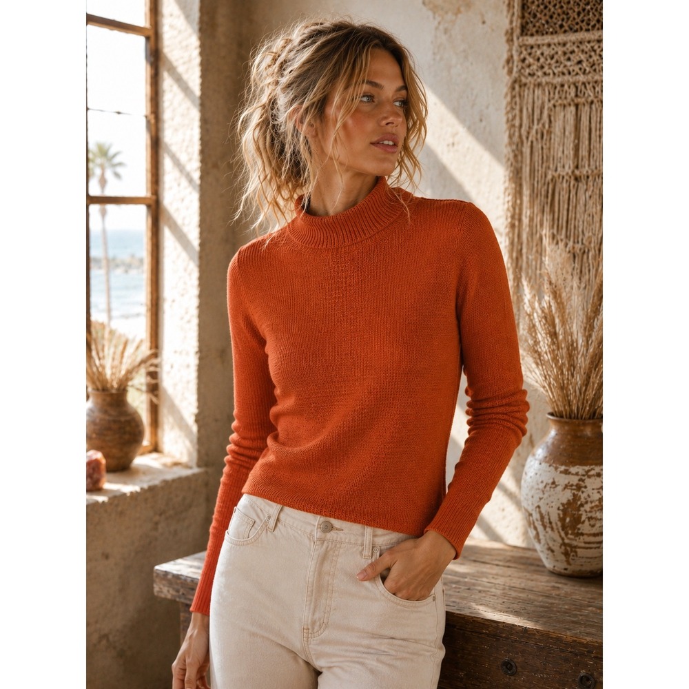 Bartolini Made in Italy Wool Cashmere Mock Neck Sweater Burnt Orange Womens L